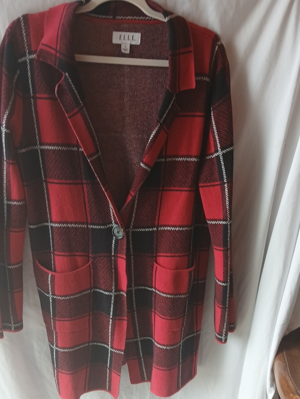 Elle Red and Black Plaid Single-Button Blazer